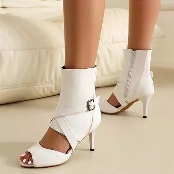 Meotina Женские ботильоны-сандалии с открытым носком на шпильках с молниями и пряжками, сексуальные джазовые танцевальные ботинки, женская модная обувь, летняя черная 43 33 белый