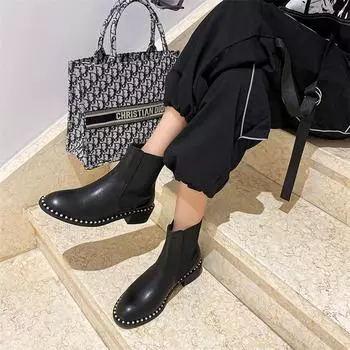 Meotina/женские ботинки челси из натуральной кожи, ботильоны на толстом среднем каблуке с круглым носком, женские ботинки с завязками из бисера, осенне-зимние черные 43 34 чёрный