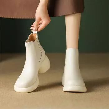 Meotina/женские ботинки «Челси» из натуральной кожи с круглым носком, короткие ботинки на высоком каблуке и платформе, женская модная обувь, осень-зима