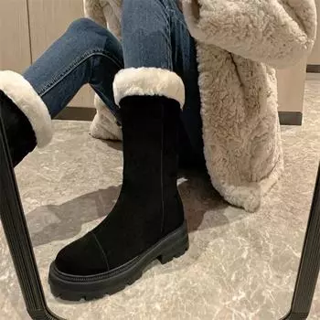 Meotina/женские ботинки до середины икры из натуральной кожи, с круглым носком, на толстом среднем каблуке и платформе, из шерсти, коровьей замши, женская модная обувь, зима 40 33 хаки