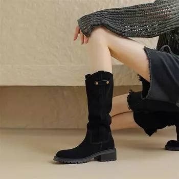 Meotina/женские ботинки до середины икры из натуральной кожи, ботинки в стиле вестерн на платформе с круглым носком, на толстом среднем каблуке, женская модная обувь, осень-зима