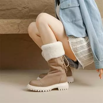 Meotina/женские ботинки до середины икры из натуральной кожи, шерстяные зимние ботинки с круглым носком на толстом среднем каблуке и молнии, шерстяные ботинки на шнуровке, женская модная зимняя обувь