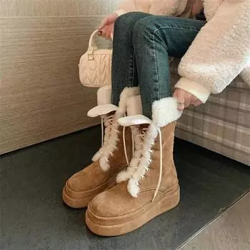 Meotina/женские ботинки до середины икры, с круглым носком, на плоской платформе, на высоком каблуке, шерстяные армейские ботинки на шнуровке, женская модная обувь, зимняя абрикосовая обувь 40 33 чёрный