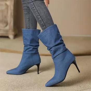 Meotina/женские ботинки до середины икры с острым носком, плиссированные джинсовые ботинки на тонком высоком каблуке, женская модная осенне-зимняя обувь, черные, темно-синие 46 34 чёрный