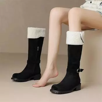 Meotina/женские длинные сапоги до колена из натуральной кожи, шерстяные сапоги Gogo с круглым носком на толстом среднем каблуке и пряжке на молнии, женская обувь, зимняя обувь верблюжьего цвета 34 верблюд