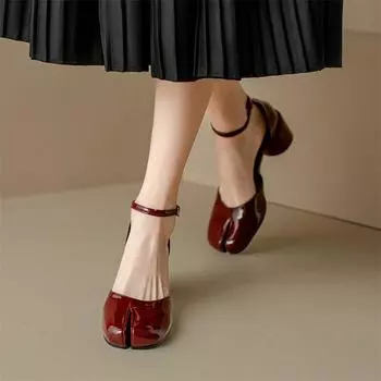 Meotina/женские двухсекционные туфли-лодочки из натуральной кожи с ремешком на щиколотке, женская модная обувь на высоком каблуке с раздельным носком и пряжкой, весенне-осенняя обувь 34 красный