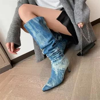 Meotina/женские джинсовые сапоги выше колена с острым носком на тонком высоком каблуке, плиссированные длинные сапоги, женская модная обувь, осень-зима, черные 43 34 синий