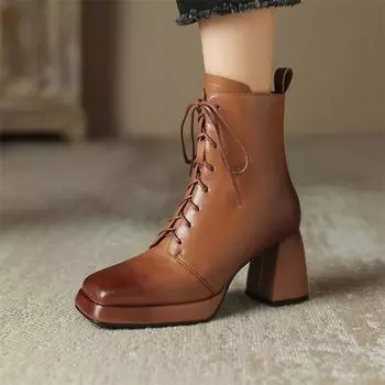 Meotina/женские короткие ботильоны из натуральной кожи, армейские ботинки с квадратным носком и платформой, на высоком каблуке, на молнии, на шнуровке, женская обувь, зимняя обувь 34 чёрный