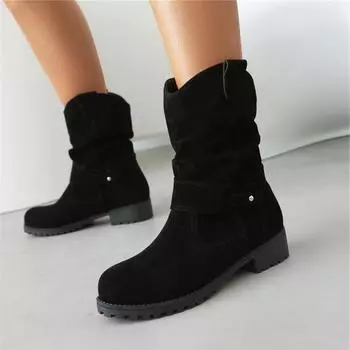 Meotina/женские ковбойские полусапоги до щиколотки с круглым носком на толстом среднем каблуке, плиссированные ботинки в стиле вестерн «ковбойская девушка», женская модная обувь, зимняя обувь 43 34 чёрный