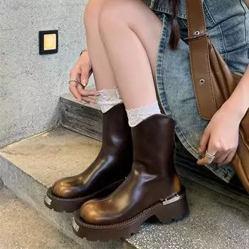 Meotina/женские ковбойские полусапоги из натуральной кожи, ковбойские полусапоги с круглым носком на высоком толстом каблуке и застежкой-молнией, ковбойские сапоги в западном стиле, женская обувь, зимняя обувь 34 коричневый