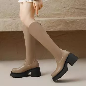 Meotina/женские ковбойские сапоги до колена, с круглым носком, на толстом высоком каблуке и молнии, ковбойские высокие сапоги в западном стиле, женская обувь, осень-зима 43 33 миндальный