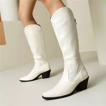 Meotina Женские ковбойские сапоги до колена с квадратным носком и толстым каблуком, сапоги в стиле вестерн, длинные сапоги-ковбойки на молнии, женская модная обувь, осень-зима 46 35 белый