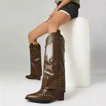 Meotina Женские ковбойские сапоги до колена с острым носком, увеличивающие рост, на высоком каблуке, с заклепками, длинные сапоги в стиле вестерн, женская модная обувь, зима 43 34 чёрный