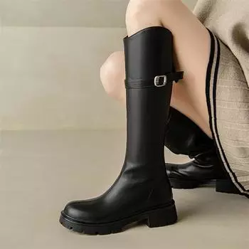 Meotina Женские ковбойские сапоги до колена с круглым носком на плоской подошве, ковбойские сапоги с застежкой-молнией и пряжкой, модные женские зимние ботинки Gogo 43 33 чёрный