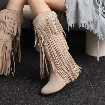 Meotina Женские ковбойские сапоги до колена с круглым носком и увеличивающимся средним каблуком, длинные сапоги в стиле вестерн с кисточками, женская модная обувь, зимняя 46 34 чёрный