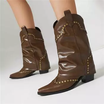 Meotina Женские ковбойские сапоги до середины голени с круглым носком и высоким каблуком, ковбойские сапоги с металлическими украшениями, модная женская обувь осень-зима 34 чёрный