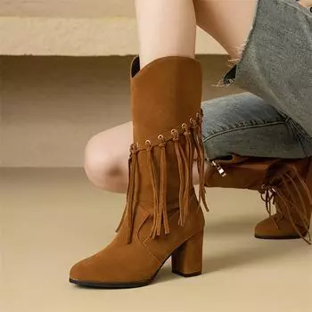 Meotina Женские ковбойские сапоги до середины голени с круглым носком на толстом высоком каблуке, ковбойские сапоги с кисточками и молнией, женская модная обувь осень-зима 33 чёрный