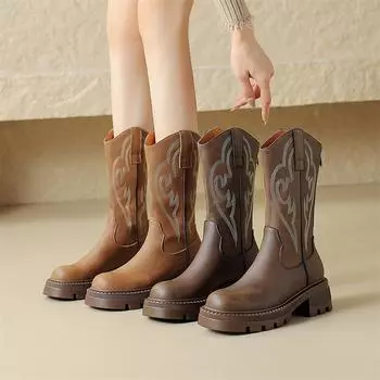 Meotina/женские ковбойские сапоги до середины икры из натуральной кожи, женские зимние ботинки на толстом высоком каблуке с круглым носком и вышивкой в стиле «ковбойская девушка» 34 темно-коричневого