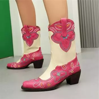 Meotina Женские ковбойские сапоги с круглым носком, на толстом высоком каблуке, с вышивкой, разноцветные короткие сапоги в стиле вестерн, женская модная зимняя обувь 34 чёрный