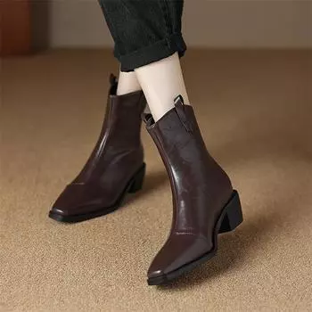 Meotina Женские ковбойские сапоги с круглым носком и средним каблуком, короткие ковбойские сапоги на молнии, женская модная зимняя обувь 33 чёрный