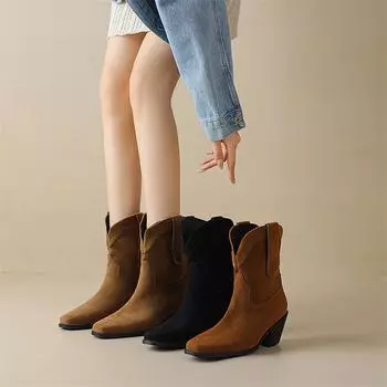 Meotina Женские ковбойские сапоги с квадратным носком и толстым высоким каблуком, ковбойские сапоги в стиле вестерн, лаконичные ковбойские короткие сапоги, женская модная обувь осень-зима 34 чёрный