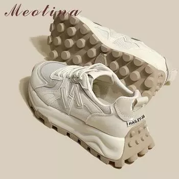 Meotina/женские кроссовки с круглым носком на платформе и шнуровке в лаконичном брендовом стиле, женская модная повседневная обувь, весенне-осенний цвет: розовый, бежевый, 40 35 бежевый