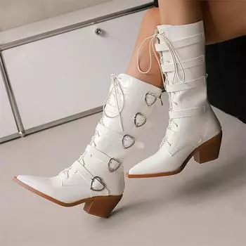 Meotina Женские лакированные сапоги до середины голени с острым носком на толстом высоком каблуке с пряжкой-молнией и шнуровкой, женская модная зимняя обувь черного цвета 46 35 белый