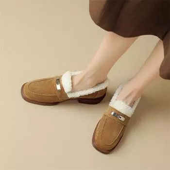 Meotina женские лоферы из натуральной кожи с круглым носком на меху на плоской подошве с металлическими украшениями, детская замшевая женская модная повседневная обувь, зимняя коричневая обувь 40 34 коричневый