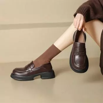 Meotina/женские лоферы из натуральной кожи, туфли-лодочки с круглым носком, на толстом среднем каблуке и платформе, женская модная обувь, весна-осень, черный, коричневый 40