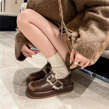 Meotina женские лоферы из натуральной кожи, теплая женская модная обувь на плоской платформе с круглым носком, на среднем каблуке с пряжкой, зимняя коричневая, хаки 34 чёрный