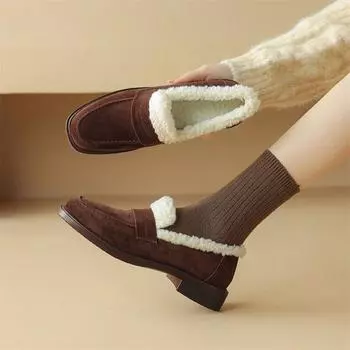 Meotina/женские лоферы из натуральной кожи, детские замшевые туфли-лодочки на толстом низком каблуке с круглым носком, модная женская обувь, зимняя кофейно-коричневая 40 34 чёрный