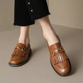 Meotina/женские лоферы из натуральной кожи с круглым носком на плоской подошве с кисточками и металлическими украшениями, женская модная повседневная обувь, весна-осень, коричневый цвет 33 чёрный