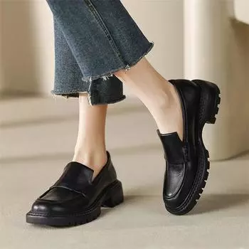 Meotina/женские лоферы из натуральной кожи, туфли-лодочки на платформе с круглым носком и толстым средним каблуком, женская модная обувь, весна-осень, коричневый, черный 40 34 коричневый