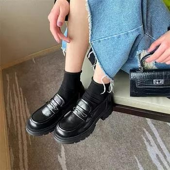 Meotina/женские лоферы из натуральной кожи, туфли-лодочки на платформе с круглым носком и блочным каблуком, модная женская обувь на высоком каблуке, весенний черный цвет 34 чёрный