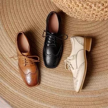 Meotina, женские лоферы из натуральной кожи, туфли-лодочки на толстом каблуке с квадратным носком, женская обувь на среднем каблуке со шнуровкой, весенние коричневые туфли-оксфорды 34 бежевый