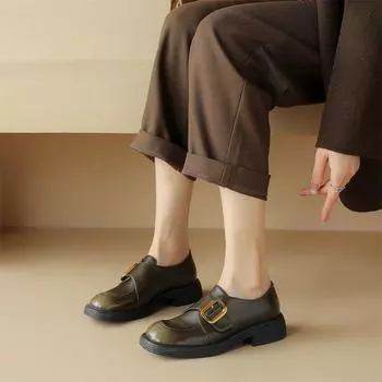 Meotina/женские лоферы из натуральной кожи, туфли-лодочки с круглым носком, на среднем каблуке с пряжкой, женская модная обувь, весна-осень, светло-зеленый 40 33 светло-зеленый