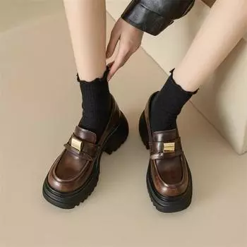 Meotina/женские лоферы из натуральной кожи, туфли-лодочки с круглым носком, на толстом высоком каблуке и платформе, с металлическими украшениями, женская модная обувь, весна-осень 34 коричневый