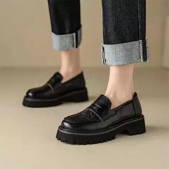 Meotina/женские лоферы из натуральной кожи, туфли-лодочки с круглым носком, на толстом среднем каблуке и платформе, из овчины, женская модная обувь, весна-осень 40