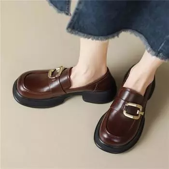 Meotina/женские лоферы из натуральной кожи с круглым носком, на толстом среднем каблуке и платформе, с металлическими украшениями, женская модная обувь, весна-осень 40 34 коричневый