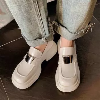 Meotina/женские лоферы из натуральной кожи, туфли-лодочки с круглым носком на платформе и высоком каблуке с металлическими украшениями, женская модная обувь, весна-осень 34 бежевый