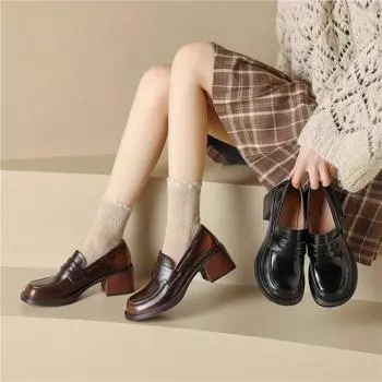 Meotina/женские лоферы из натуральной кожи, туфли-лодочки с круглым носком, на толстом высоком каблуке, лаконичная женская модная обувь, весенне-осенний цвет, черный, коричневый цвет 34 коричневый