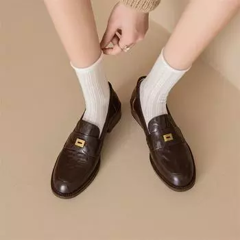 Meotina/женские лоферы из натуральной кожи, туфли-лодочки с круглым носком, на толстом среднем каблуке, с металлическими украшениями, женская модная обувь, весна-осень, коричневые 40 34 коричневый