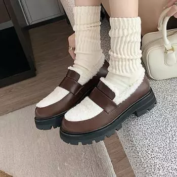 Meotina/женские лоферы из натуральной кожи с круглым носком на платформе, толстом среднем каблуке, разноцветная женская модная обувь на меху, зимняя черная, коричневая