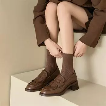 Meotina/женские лоферы из натуральной кожи, туфли-лодочки с круглым носком, на массивном среднем каблуке, с кисточками, женская модная обувь, весенне-осенний цвет, черный, коричневый 40