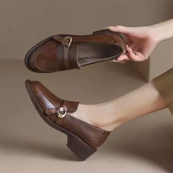 Meotina/женские лоферы из натуральной кожи, туфли-лодочки с круглым носком, на массивном среднем каблуке с пряжкой, женская модная обувь, весенне-осенний цвет, черный, коричневый 41 34 чёрный