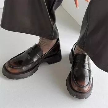 Meotina/женские лоферы из натуральной кожи, туфли-лодочки с круглым носком, на толстом среднем каблуке и платформе, женская модная обувь, весна-осень, черный, коричневый 40 34 коричневый
