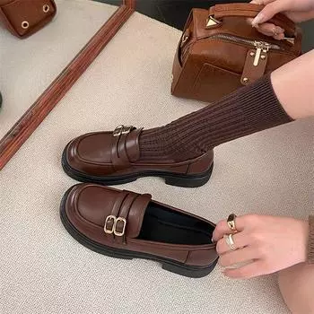 Meotina/женские лоферы из натуральной кожи, туфли-лодочки с круглым носком на толстом среднем каблуке и пряжкой на платформе, женская модная обувь весенне-осеннего цвета коричневого цвета