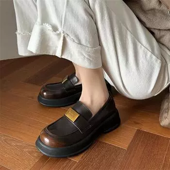Meotina/женские лоферы из натуральной кожи, туфли-лодочки с круглым носком, на толстом среднем каблуке, с металлическими украшениями, женская модная обувь, весна-осень, коричневые 40 34 чёрный