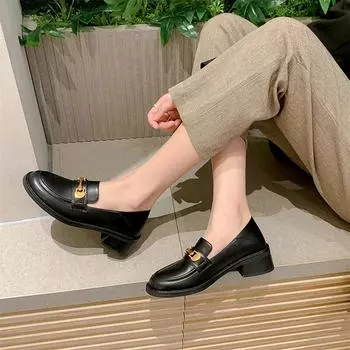 Meotina/женские лоферы из натуральной кожи, туфли-лодочки с круглым носком, на толстом среднем каблуке, с металлическими украшениями, женская модная обувь, весна-осень, коричневые 40 34 чёрный