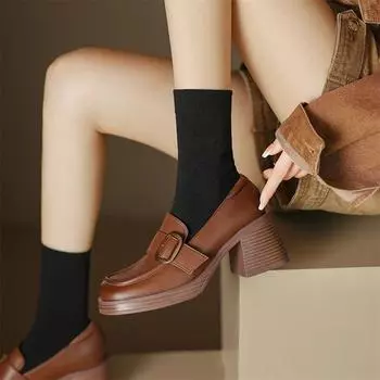 Meotina/женские лоферы из натуральной кожи, туфли-лодочки с круглым носком, на толстом высоком каблуке и платформе с пряжкой, женская модная обувь, весна-осень, черные 40 34 чёрный